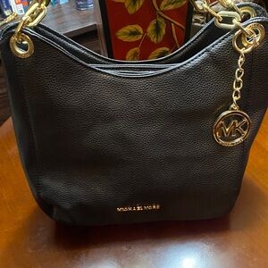 Black Shoulder Bag with Gold Accents